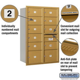 Salsbury Industries 3713D-11GRP Recessed Mounted 4C Horizontal Mailbox - 13 Door High Unit (48 Inches) - Double Column - 9 MB2 Doors / 2 MB3 Doors - Gold - Rear Loading - Private Access