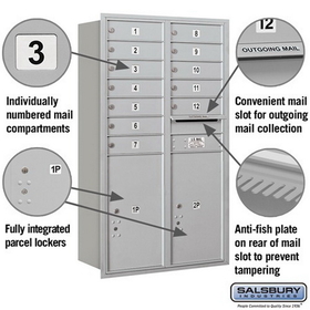 Salsbury Industries 3713D-12ARU Recessed Mounted 4C Horizontal Mailbox - 13 Door High Unit (48 Inches) - Double Column - 12 MB1 Doors / 2 PL6