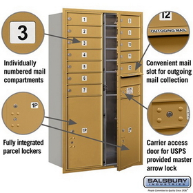 Salsbury Industries 3713D-12GFU Recessed Mounted 4C Horizontal Mailbox - 13 Door High Unit (48 Inches) - Double Column - 12 MB1 Doors / 2 PL6