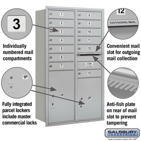 Salsbury Industries 3713D-13ARP Recessed Mounted 4C Horizontal Mailbox - 13 Door High Unit (48 Inches) - Double Column - 13 MB1 Doors / 1 PL5 and 1 PL6 - Aluminum - Rear Loading - Private Access