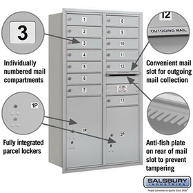 Salsbury Industries 3713D-13ARU Recessed Mounted 4C Horizontal Mailbox - 13 Door High Unit (48 Inches) - Double Column - 13 MB1 Doors / 1 PL5 and 1 PL6 - Aluminum - Rear Loading - USPS Access