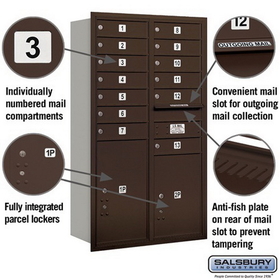Salsbury Industries 3713D-13ZRU Recessed Mounted 4C Horizontal Mailbox - 13 Door High Unit (48 Inches) - Double Column - 13 MB1 Doors / 1 PL5 and 1 PL6 - Bronze - Rear Loading - USPS Access