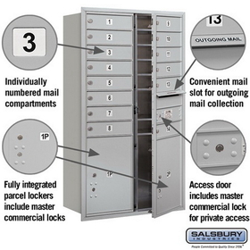 Salsbury Industries 3713D-14AFP Recessed Mounted 4C Horizontal Mailbox - 13 Door High Unit (48 Inches) - Double Column - 14 MB1 Doors / 2 PL5