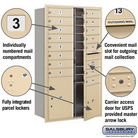 Salsbury Industries 3713D-15SFU Recessed Mounted 4C Horizontal Mailbox - 13 Door High Unit (48 Inches) - Double Column - 15 MB1 Doors / 1 PL4 and 1 PL5 - Sandstone - Front Loading - USPS Access