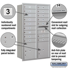 Salsbury Industries 3713D-16ARU Recessed Mounted 4C Horizontal Mailbox - 13 Door High Unit (48 Inches) - Double Column - 16 MB1 Doors / 2 PL4