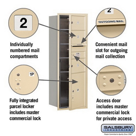 Salsbury Industries 3713S-03SFP Recessed Mounted 4C Horizontal Mailbox - 13 Door High Unit (48 Inches) - Single Column - 3 MB2 Doors / 1 PL5 - Sandstone - Front Loading - Private Access