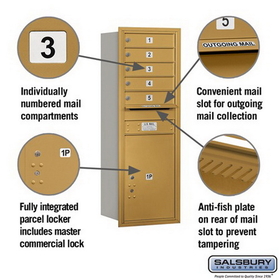 Salsbury Industries 3713S-05GRP Recessed Mounted 4C Horizontal Mailbox - 13 Door High Unit (48 Inches) - Single Column - 5 MB1 Doors / 1 PL6 - Gold - Rear Loading - Private Access
