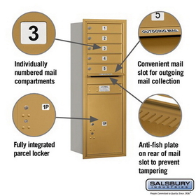 Salsbury Industries 3713S-05GRU Recessed Mounted 4C Horizontal Mailbox - 13 Door High Unit (48 Inches) - Single Column - 5 MB1 Doors / 1 PL6 - Gold - Rear Loading - USPS Access