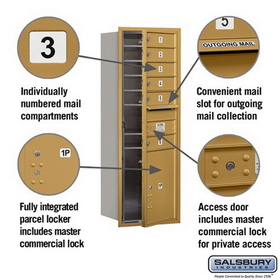 Salsbury Industries 3713S-06GFP Recessed Mounted 4C Horizontal Mailbox - 13 Door High Unit (48 Inches) - Single Column - 6 MB1 Doors / 1 PL5 - Gold - Front Loading - Private Access