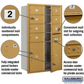 Salsbury Industries 3714D-07GFP Recessed Mounted 4C Horizontal Mailbox - 14 Door High Unit (51 1/2 Inches) - Double Column - 7 MB2 Doors / 2 PL6s - Gold - Front Loading - Private Access
