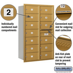 Salsbury Industries 3714D-13GRP Recessed Mounted 4C Horizontal Mailbox - 14 Door High Unit (51 1/2 Inches) - Double Column - 13 MB2 Doors - Gold - Rear Loading - Private Access