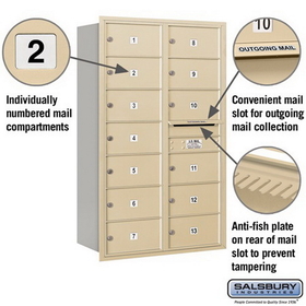 Salsbury Industries 3714D-13SRP Recessed Mounted 4C Horizontal Mailbox - 14 Door High Unit (51 1/2 Inches) - Double Column - 13 MB2 Doors - Sandstone - Rear Loading - Private Access