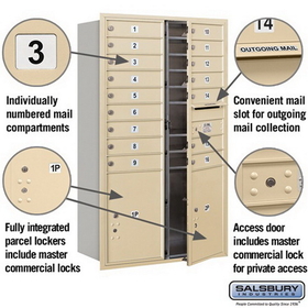 Salsbury Industries 3714D-16SFP Recessed Mounted 4C Horizontal Mailbox - 14 Door High Unit (51 1/2 Inches) - Double Column - 16 MB1 Doors / 2 PL5s - Sandstone - Front Loading - Private Access