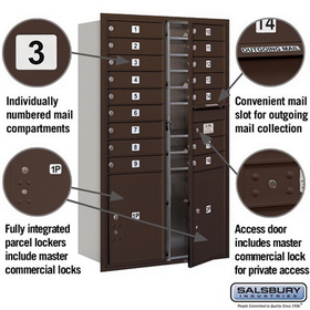 Salsbury Industries 3714D-16ZFP Recessed Mounted 4C Horizontal Mailbox - 14 Door High Unit (51 1/2 Inches) - Double Column - 16 MB1 Doors / 2 PL5s - Bronze - Front Loading - Private Access