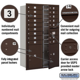 Salsbury Industries 3714D-16ZFU Recessed Mounted 4C Horizontal Mailbox - 14 Door High Unit (51 1/2 Inches) - Double Column - 16 MB1 Doors / 2 PL5s - Bronze - Front Loading - USPS Access