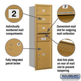 Salsbury Industries 3714S-03GRU Recessed Mounted 4C Horizontal Mailbox - 14 Door High Unit (51 1/2 Inches) - Single Column - 3 MB2 Doors / 1 PL6 - Gold - Rear Loading - USPS Access