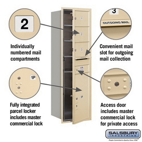 Salsbury Industries 3714S-03SFP Recessed Mounted 4C Horizontal Mailbox - 14 Door High Unit (51 1/2 Inches) - Single Column - 3 MB2 Doors / 1 PL6 - Sandstone - Front Loading - Private Access