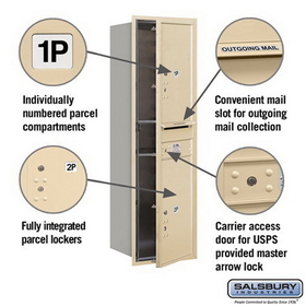 Salsbury Industries 3714S-2PSFU Recessed Mounted 4C Horizontal Mailbox-14 Door High Unit (51 1/2 Inches)-Single Column-Stand-Alone Parcel Locker-2 PL6s-Sandstone-Front Loading-USPS Access