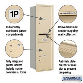 Salsbury Industries 3714S-2PSRP Recessed Mounted 4C Horizontal Mailbox-14 Door High Unit (51 1/2 Inches)-Single Column-Stand-Alone Parcel Locker-2 PL6s-Sandstone-Rear Loading-Private Access