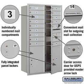 Salsbury Industries 3715D-15AFU Recessed Mounted 4C Horizontal Mailbox - 15 Door High Unit (55 Inches) - Double Column - 15 MB1 Doors / 2 PL6