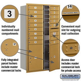 Salsbury Industries 3715D-15GFP Recessed Mounted 4C Horizontal Mailbox - 15 Door High Unit (55 Inches) - Double Column - 15 MB1 Doors / 2 PL6