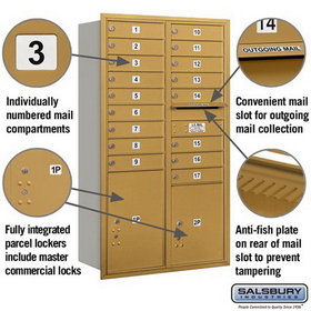 Salsbury Industries 3715D-17GRP Recessed Mounted 4C Horizontal Mailbox - 15 Door High Unit (55 Inches) - Double Column - 17 MB1 Doors / 1 PL5 and 1 PL6 - Gold - Rear Loading - Private Access