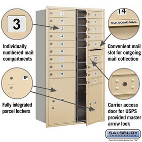 Salsbury Industries 3715D-17SFU Recessed Mounted 4C Horizontal Mailbox - 15 Door High Unit (55 Inches) - Double Column - 17 MB1 Doors / 1 PL5 and 1 PL6 - Sandstone - Front Loading - USPS Access