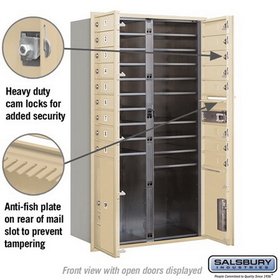 Salsbury Industries 3715D-17SFU Recessed Mounted 4C Horizontal Mailbox - 15 Door High Unit (55 Inches) - Double Column - 17 MB1 Doors / 1 PL5 and 1 PL6 - Sandstone - Front Loading - USPS Access