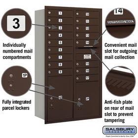 Salsbury Industries 3715D-17ZRU Recessed Mounted 4C Horizontal Mailbox - 15 Door High Unit (55 Inches) - Double Column - 17 MB1 Doors / 1 PL5 and 1 PL6 - Bronze - Rear Loading - USPS Access