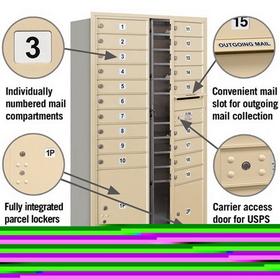 Salsbury Industries 3715D-19SFU Recessed Mounted 4C Horizontal Mailbox - 15 Door High Unit (55 Inches) - Double Column - 19 MB1 Doors / 1 PL4 and 1 PL5 - Sandstone - Front Loading - USPS Access