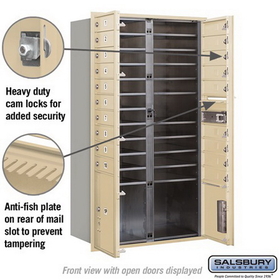 Salsbury Industries 3715D-19SFU Recessed Mounted 4C Horizontal Mailbox - 15 Door High Unit (55 Inches) - Double Column - 19 MB1 Doors / 1 PL4 and 1 PL5 - Sandstone - Front Loading - USPS Access