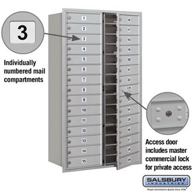 Salsbury Industries 3715D-29AFP Recessed Mounted 4C Horizontal Mailbox - 15 Door High Unit (55 Inches) - Double Column - 29 MB1 Doors - Aluminum - Front Loading - Private Access