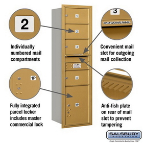 Salsbury Industries 3715S-04GRP Recessed Mounted 4C Horizontal Mailbox - 15 Door High Unit (55 Inches) - Single Column - 4 MB2 Doors / 1 PL5 - Gold - Rear Loading - Private Access