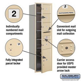 Salsbury Industries 3715S-04SFU Recessed Mounted 4C Horizontal Mailbox - 15 Door High Unit (55 Inches) - Single Column - 4 MB2 Doors / 1 PL5 - Sandstone - Front Loading - USPS Access