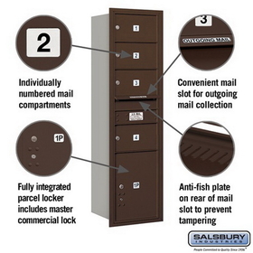 Salsbury Industries 3715S-04ZRP Recessed Mounted 4C Horizontal Mailbox - 15 Door High Unit (55 Inches) - Single Column - 4 MB2 Doors / 1 PL5 - Bronze - Rear Loading - Private Access