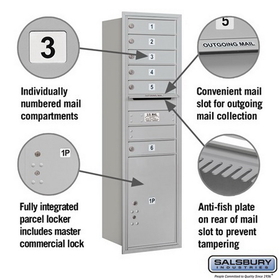 Salsbury Industries 3715S-06ARP Recessed Mounted 4C Horizontal Mailbox - 15 Door High Unit (55 Inches) - Single Column - 6 MB1 Doors / 1 PL6 - Aluminum - Rear Loading - Private Access