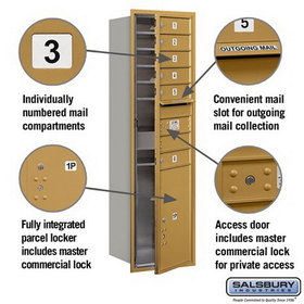 Salsbury Industries 3715S-06GFP Recessed Mounted 4C Horizontal Mailbox - 15 Door High Unit (55 Inches) - Single Column - 6 MB1 Doors / 1 PL6 - Gold - Front Loading - Private Access