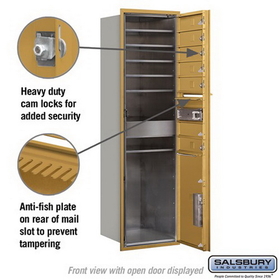 Salsbury Industries 3715S-06GFP Recessed Mounted 4C Horizontal Mailbox - 15 Door High Unit (55 Inches) - Single Column - 6 MB1 Doors / 1 PL6 - Gold - Front Loading - Private Access