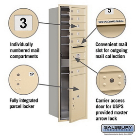 Salsbury Industries 3715S-06SFU Recessed Mounted 4C Horizontal Mailbox - 15 Door High Unit (55 Inches) - Single Column - 6 MB1 Doors / 1 PL6 - Sandstone - Front Loading - USPS Access