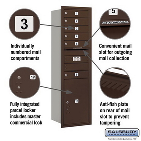 Salsbury Industries 3715S-06ZRP Recessed Mounted 4C Horizontal Mailbox - 15 Door High Unit (55 Inches) - Single Column - 6 MB1 Doors / 1 PL6 - Bronze - Rear Loading - Private Access