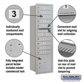 Salsbury Industries 3715S-09ARP Recessed Mounted 4C Horizontal Mailbox - 15 Door High Unit (55 Inches) - Single Column - 9 MB1 Doors / 1 PL4 - Aluminum - Rear Loading - Private Access