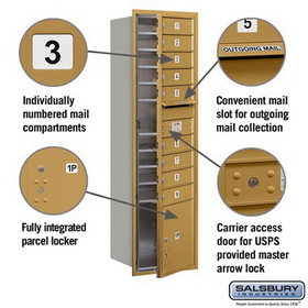 Salsbury Industries 3715S-09GFU Recessed Mounted 4C Horizontal Mailbox - 15 Door High Unit (55 Inches) - Single Column - 9 MB1 Doors / 1 PL4 - Gold - Front Loading - USPS Access