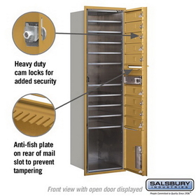 Salsbury Industries 3715S-09GFU Recessed Mounted 4C Horizontal Mailbox - 15 Door High Unit (55 Inches) - Single Column - 9 MB1 Doors / 1 PL4 - Gold - Front Loading - USPS Access