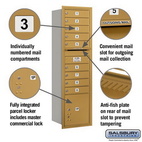 Salsbury Industries 3715S-09GRP Recessed Mounted 4C Horizontal Mailbox - 15 Door High Unit (55 Inches) - Single Column - 9 MB1 Doors / 1 PL4 - Gold - Rear Loading - Private Access