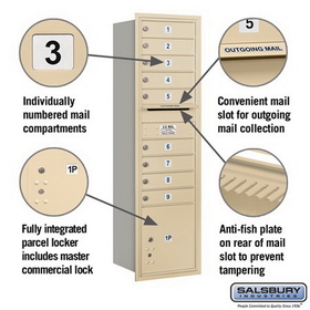 Salsbury Industries 3715S-09SRP Recessed Mounted 4C Horizontal Mailbox - 15 Door High Unit (55 Inches) - Single Column - 9 MB1 Doors / 1 PL4 - Sandstone - Rear Loading - Private Access