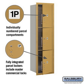 Salsbury Industries 3715S-3PGFP Recessed Mounted 4C Horizontal Mailbox - 15 Door High Unit (55 Inches) - Single Column - Stand-Alone Parcel Locker - 3 PL5s - Gold - Front Loading - Private Access