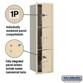 Salsbury Industries 3715S-3PSFP Recessed Mounted 4C Horizontal Mailbox-15 Door High Unit (55 Inches)-Single Column-Stand-Alone Parcel Locker-3 PL5s-Sandstone-Front Loading-Private Access