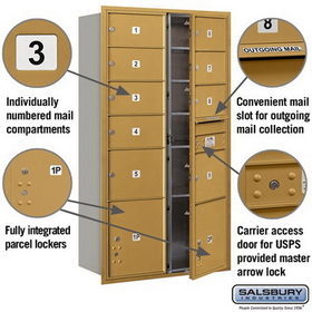 Salsbury Industries 3716D-09GFU Recessed Mounted 4C Horizontal Mailbox-Maximum Height Unit (56 3/4 Inches)-Double Column-7 MB2 Doors / 2 MB3 Doors / 2 PL4.5