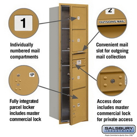 Salsbury Industries 3716S-03GFP Recessed Mounted 4C Horizontal Mailbox - Maximum Height Unit (56 3/4 Inches) - Single Column - 3 MB3 Doors / 1 PL4.5 - Gold - Front Loading - Private Access