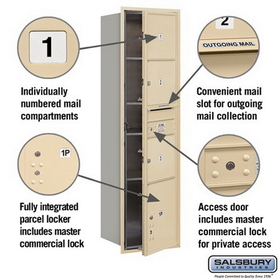 Salsbury Industries 3716S-03SFP Recessed Mounted 4C Horizontal Mailbox - Maximum Height Unit (56 3/4 Inches) - Single Column - 3 MB3 Doors / 1 PL4.5 - Sandstone - Front Loading - Private Access